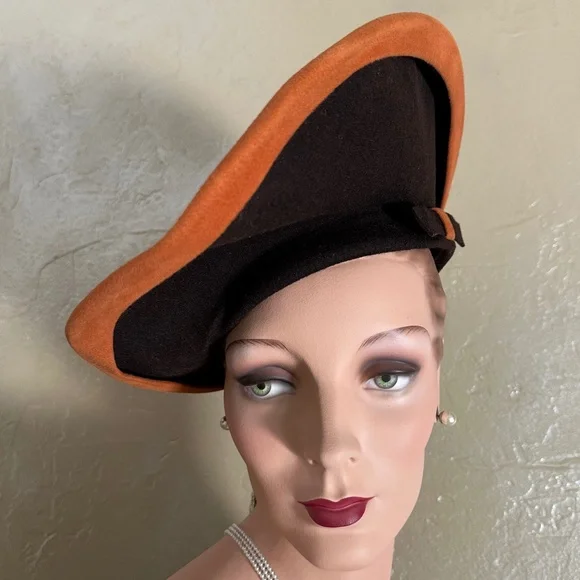 ASTOUNDING 1940s\' BROWN FELT WIDE BRIM FEDORA WITH ORANGE FELT EDGING. Casville Wool Felt Fedora with Pencil Roll and Embroidered Brim main image 3
